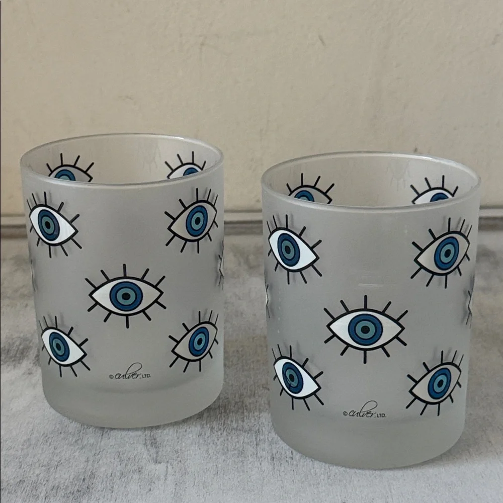 Culver Blue Evil Eye Pattern Frosted 2 Glasses Set